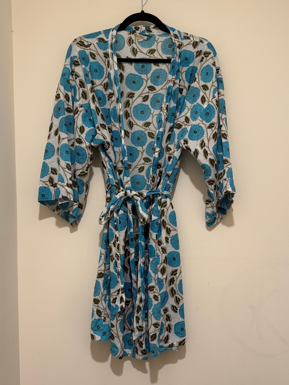 Floral Tie-Belt Robe in Aqua Blue